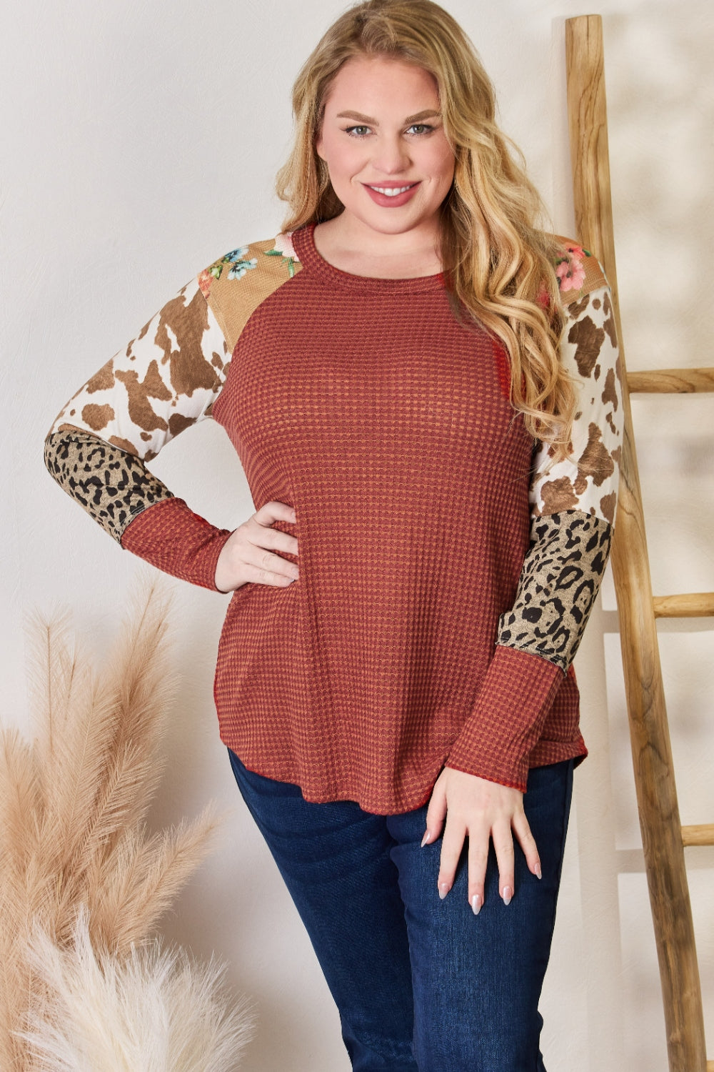 Hailey & Co Full Size Leopard Waffle-Knit Blouse  Trendsi RUST S 