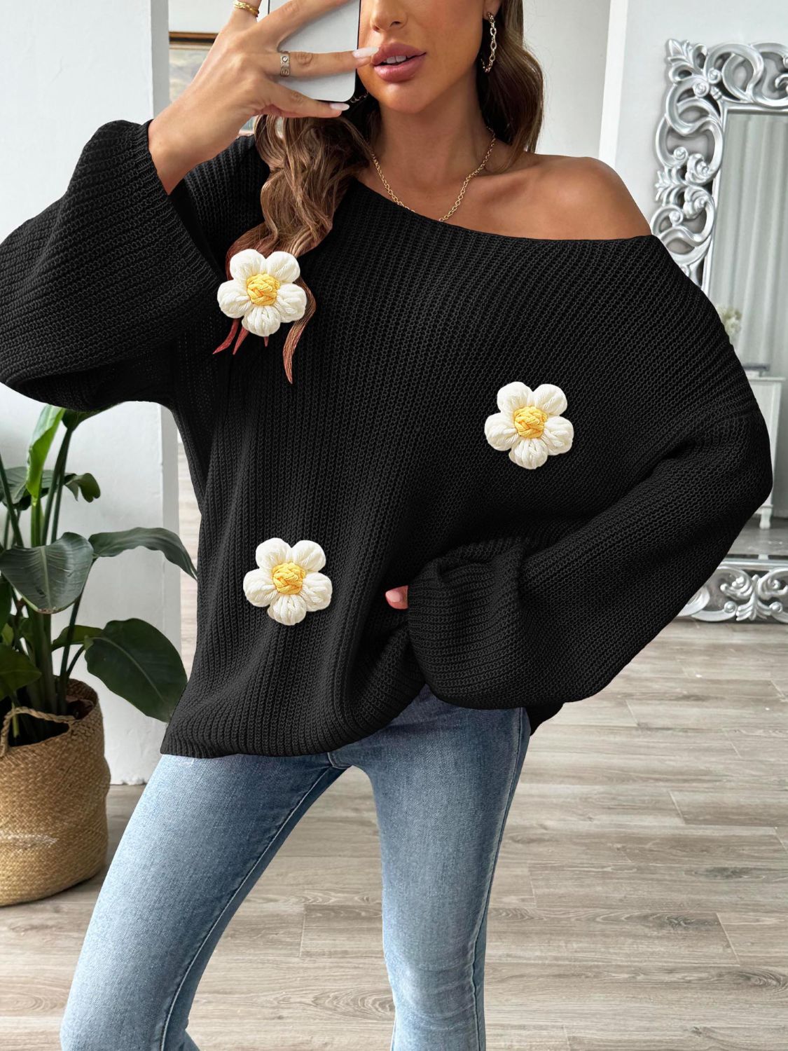 Flower Round Neck Long Sleeve Sweater  Trendsi Black S 