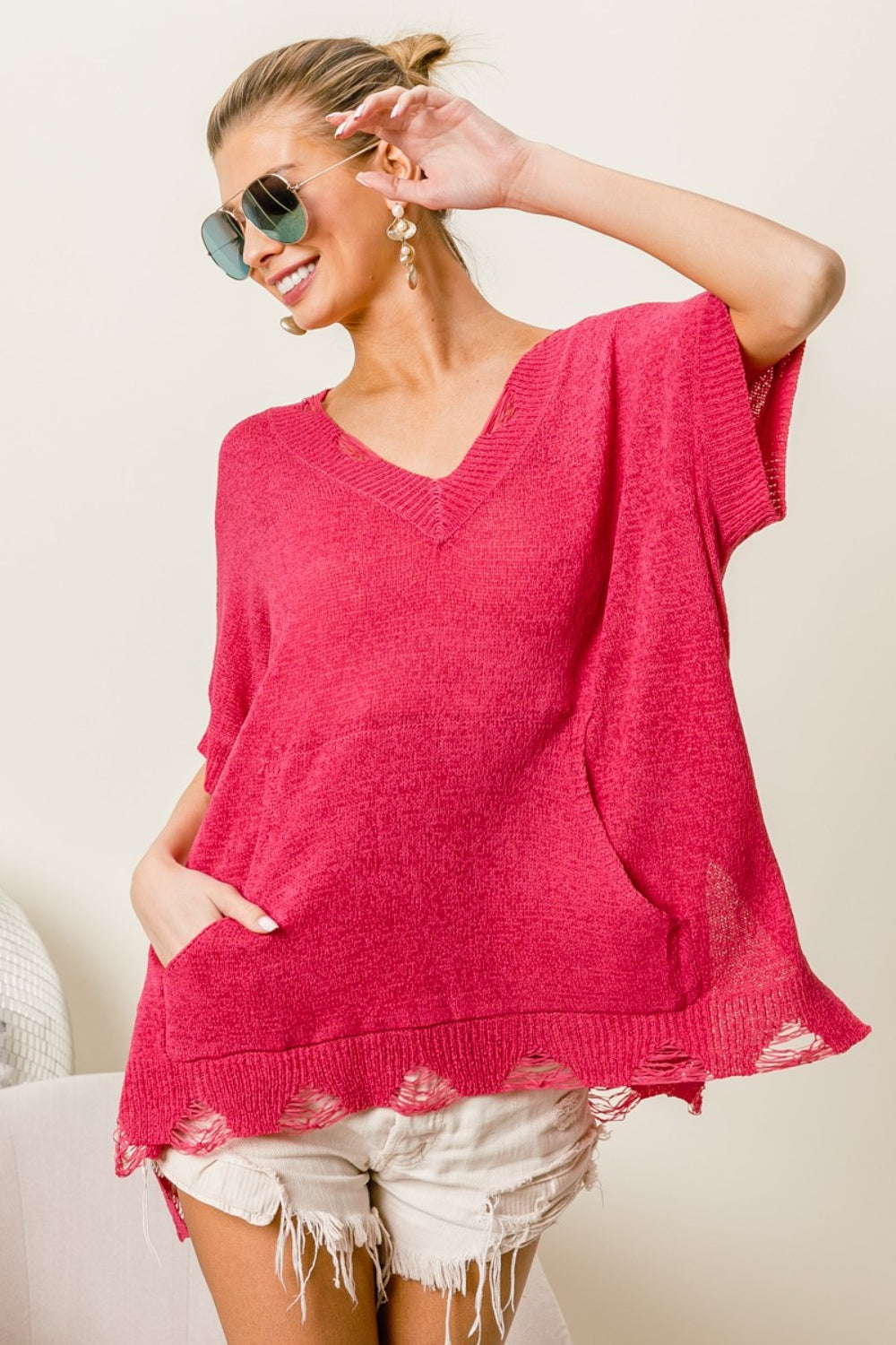 BiBi Distressed Hem V-Neck Slit Sweater  Trendsi Fuchsia S 