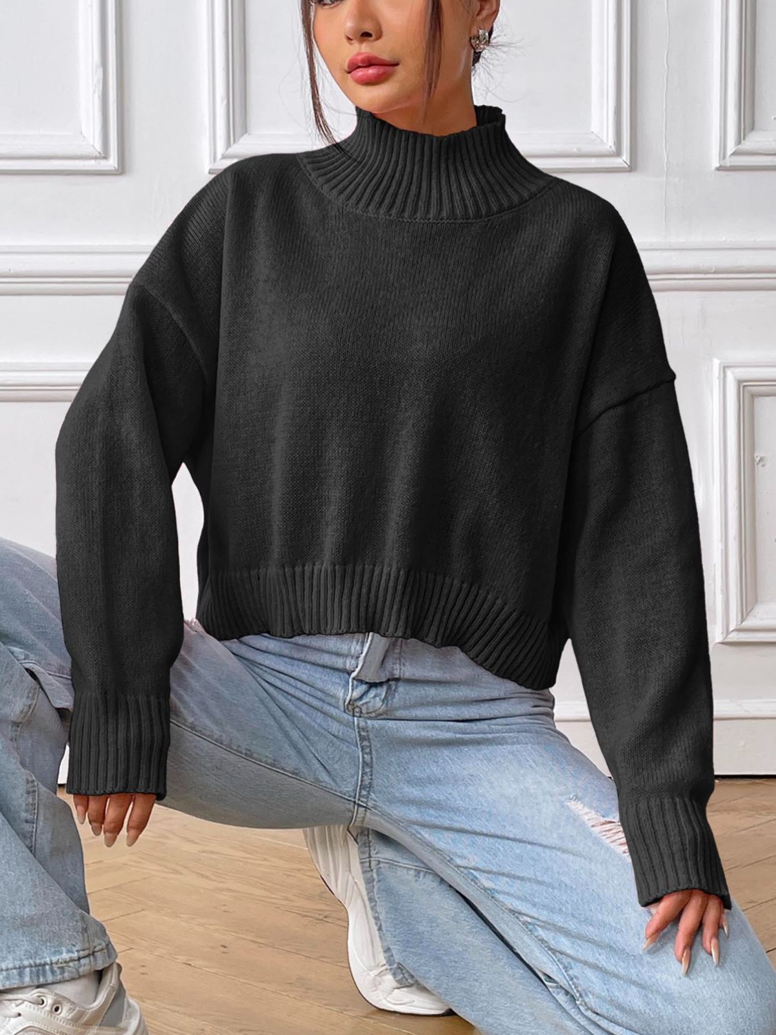 Turtleneck Long Sleeve Sweater  Trendsi Black S 