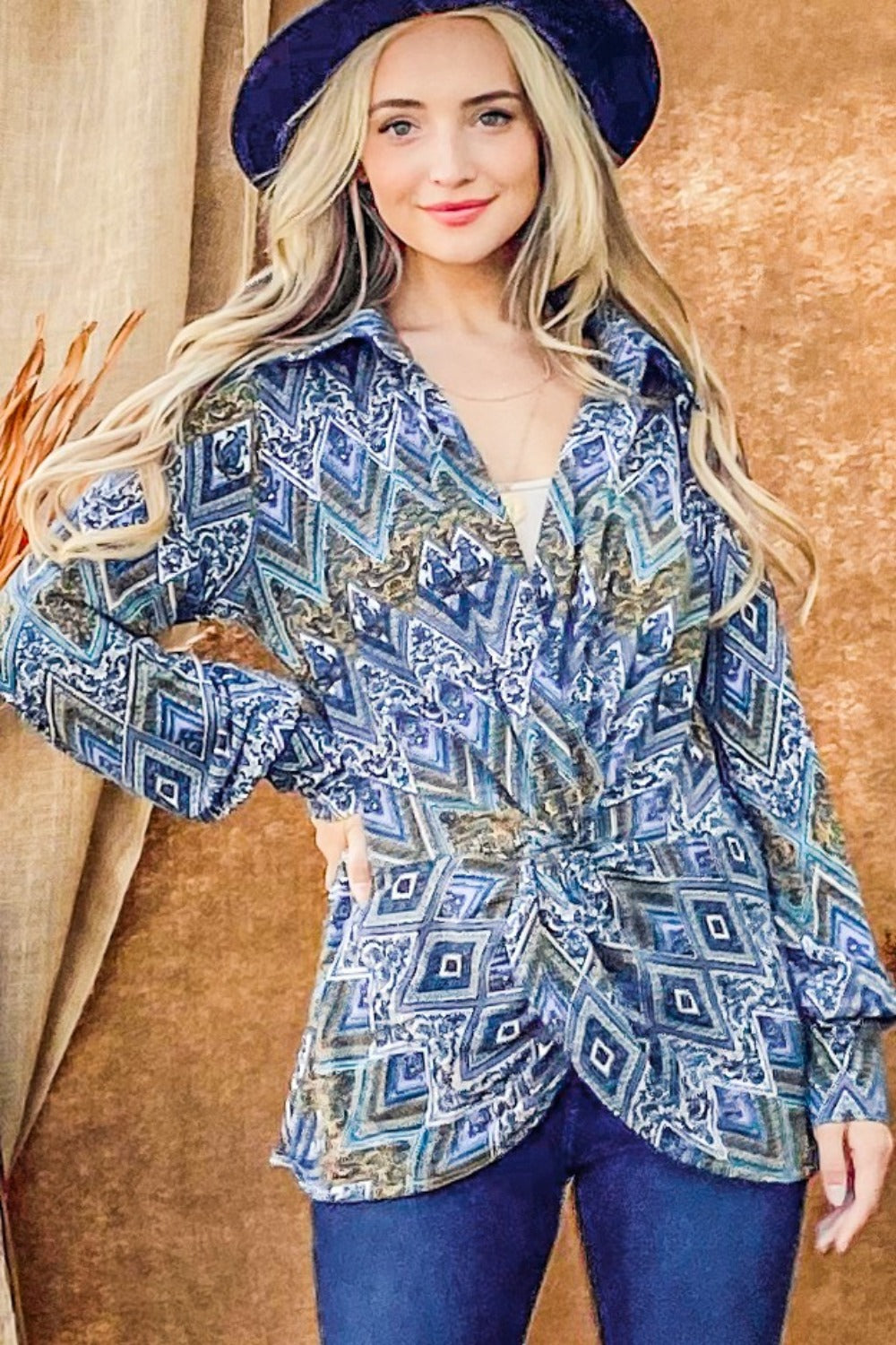 And The Why Print Twist Knot Long Sleeve Blouse  Trendsi French Blue S 