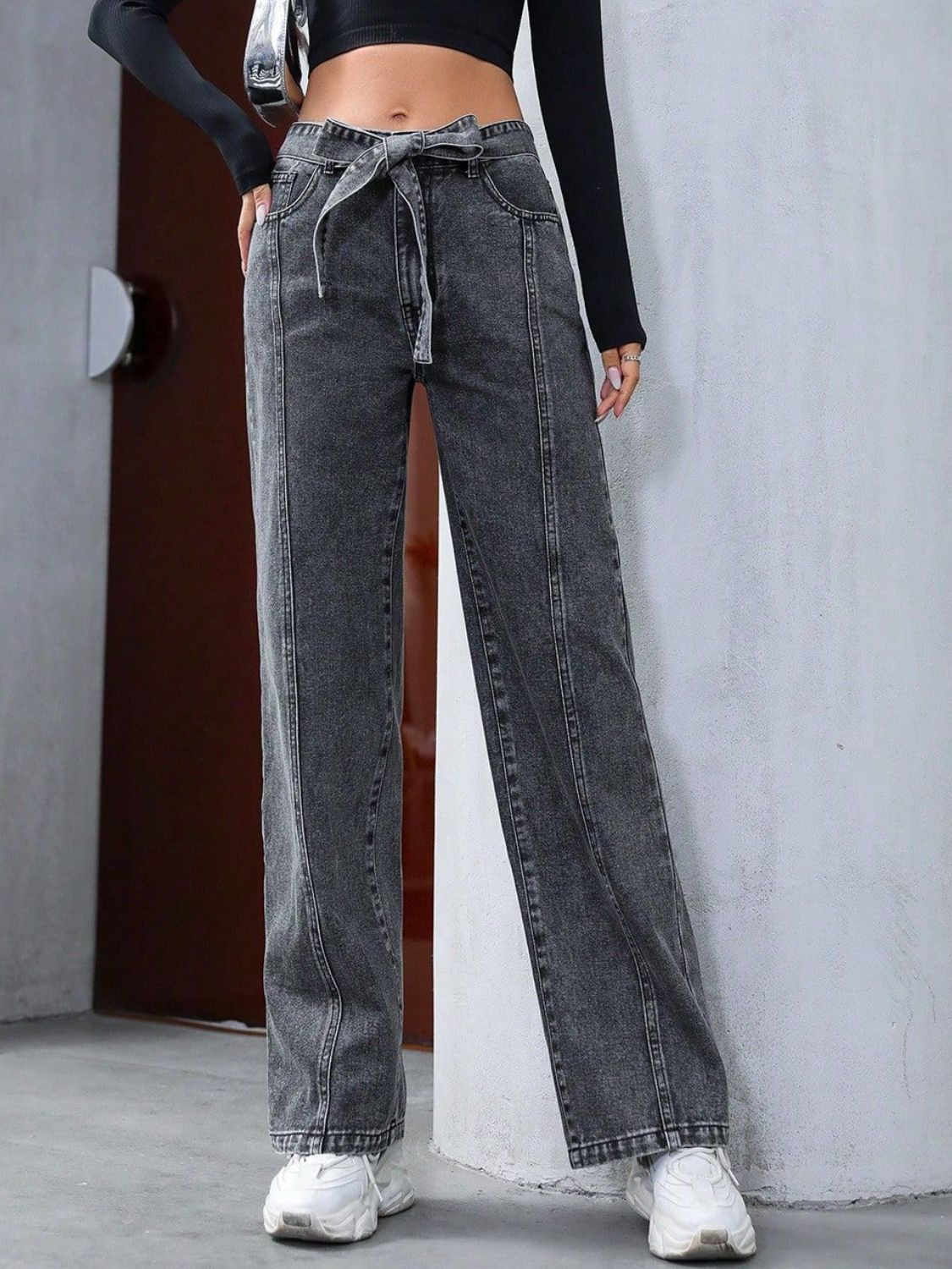 Tied Straight Leg Jeans with Pockets  Trendsi   