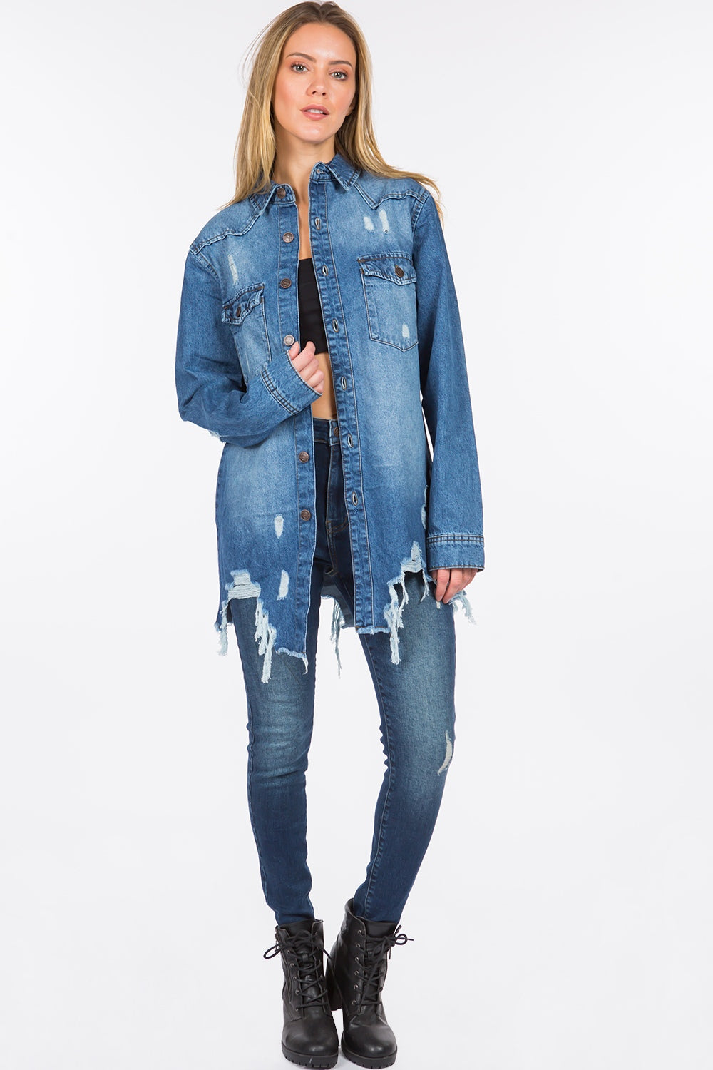 American Bazi Distressed Frayed Hem Denim Jacket  Trendsi   