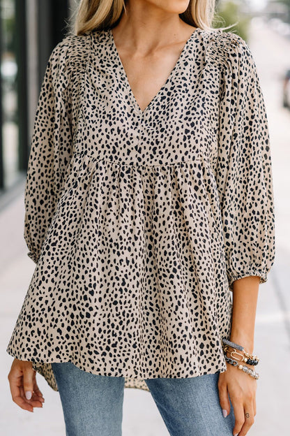 Animal Print V-Neck Three-Quarter Sleeve Blouse Blouse Trendsi   