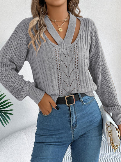 Cutout V-Neck Long Sleeve Sweater  Trendsi   