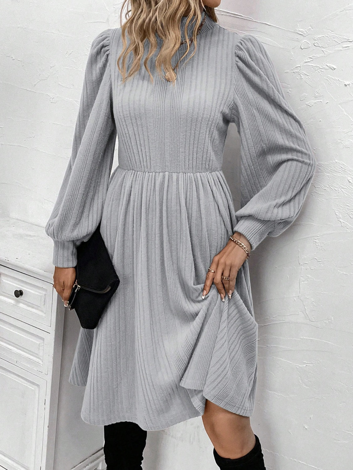 Textured Turtleneck Long Sleeve Dress  Trendsi Gray S 