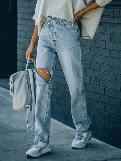 Distressed Asymmetric Waist Jeans  Trendsi   