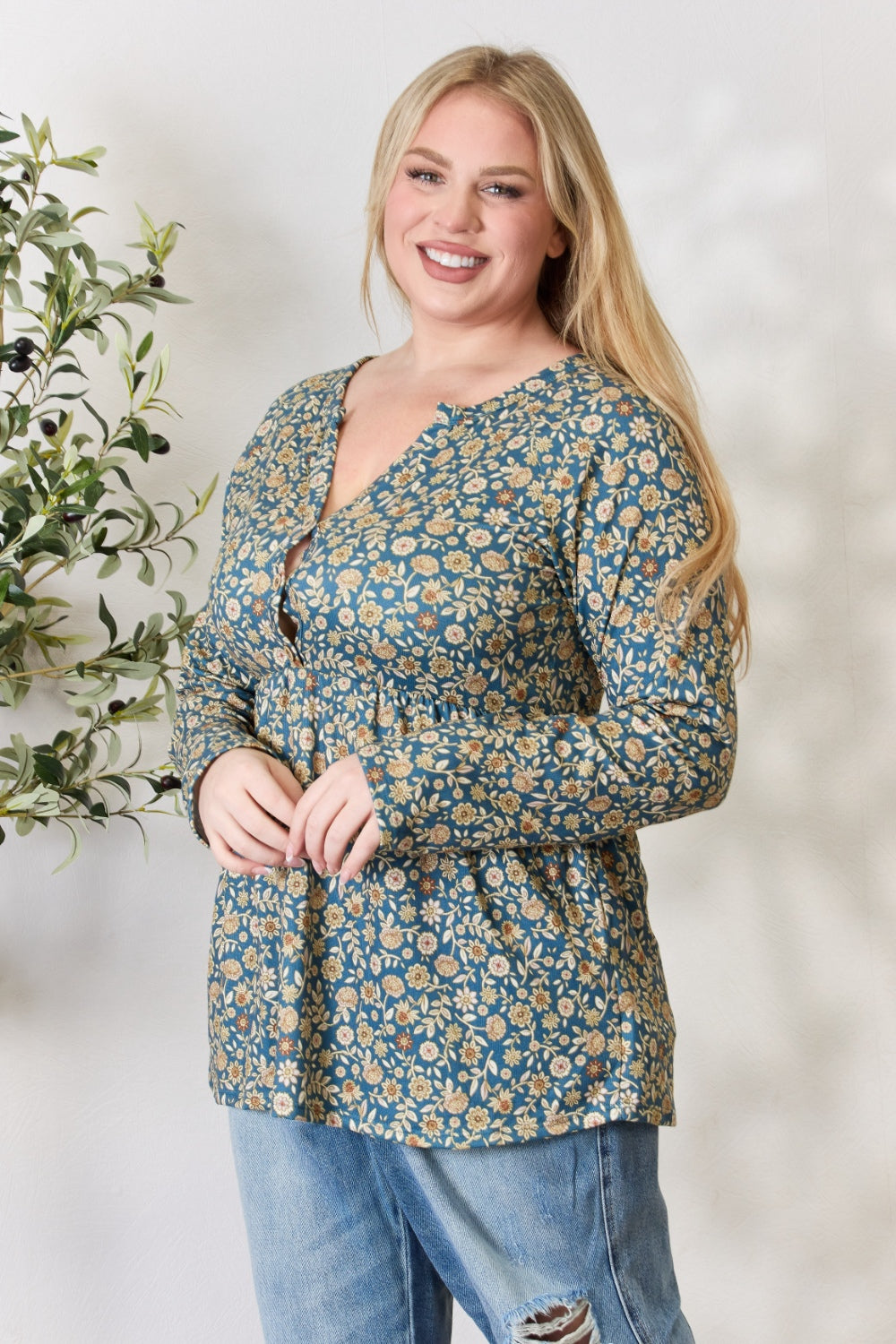 Heimish Full Size Floral Half Button Long Sleeve Blouse Blouse Trendsi   