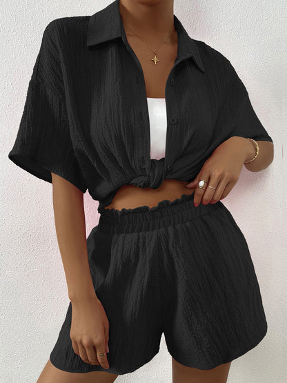 Button Up Half Sleeve Top and Shorts Set  Trendsi Black S 