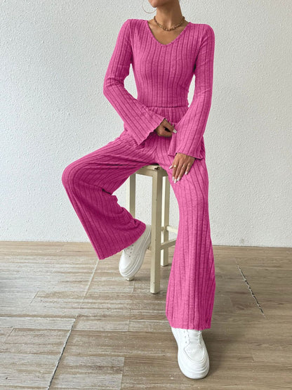 Ribbed V-Neck Long Sleeve Top and Pocketed Pants Set  Trendsi   