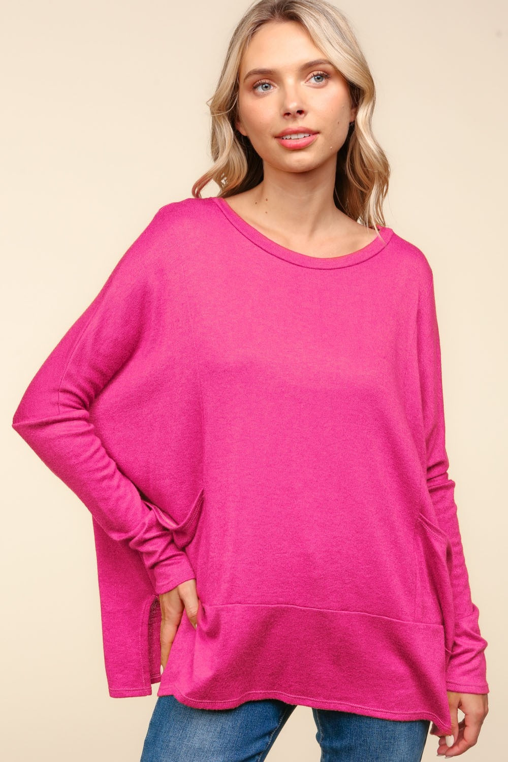 Haptics Dolman Long Sleeve Oversized Knit Top with Pockets  Trendsi   