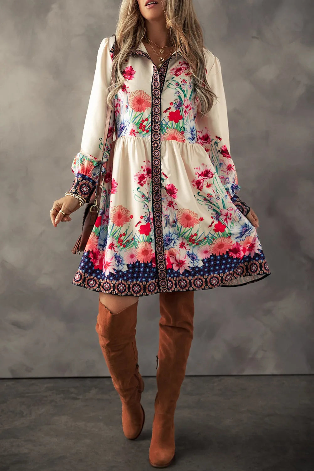 Flower Button Down Lantern Sleeve Dress Dress Trendsi   