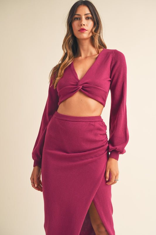 MABLE Front Twisted Knit Top and Midi Skirt Set  Trendsi Magenta S 