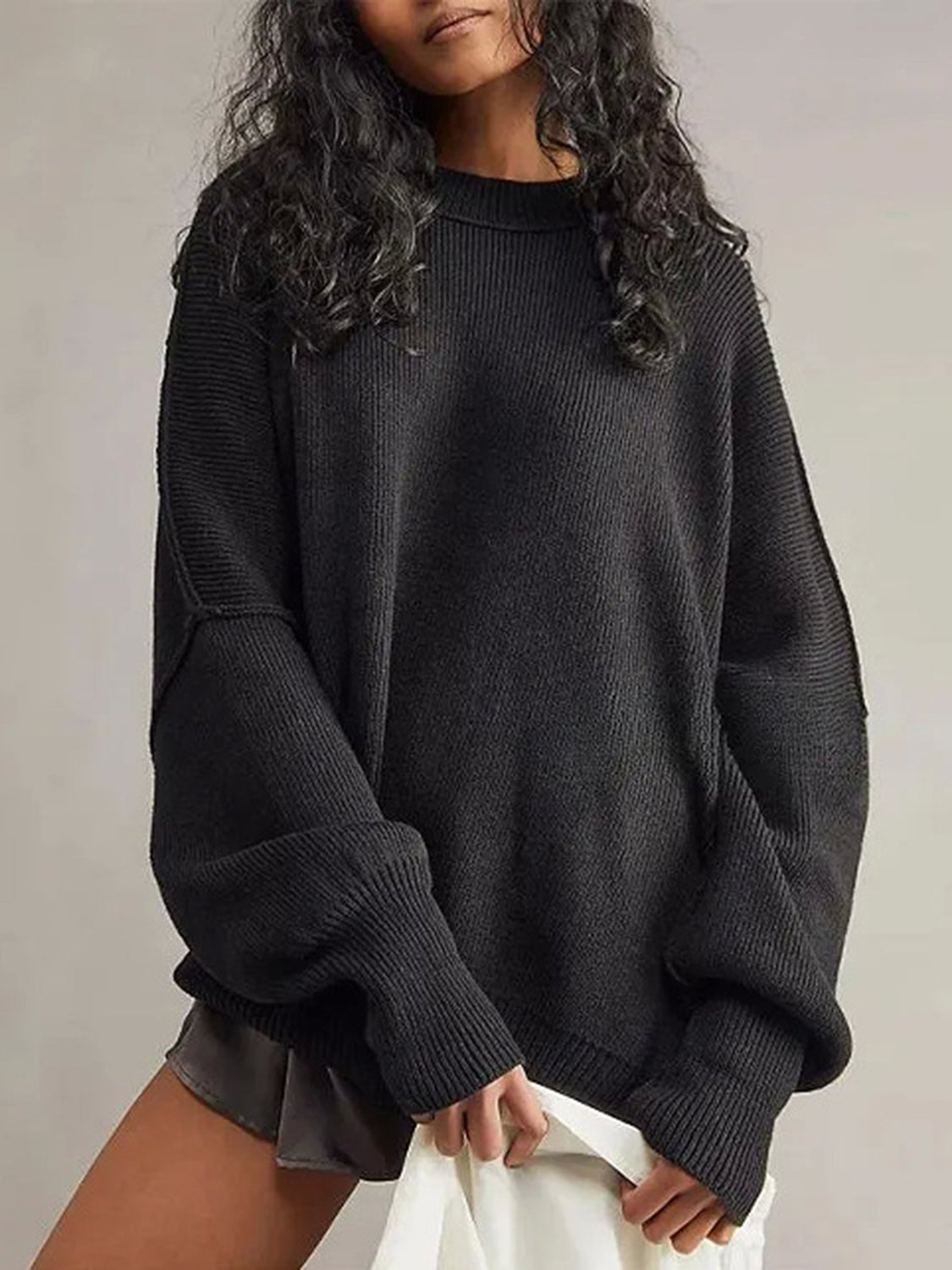 Round Neck Long Sleeve Sweater  Trendsi Black S 