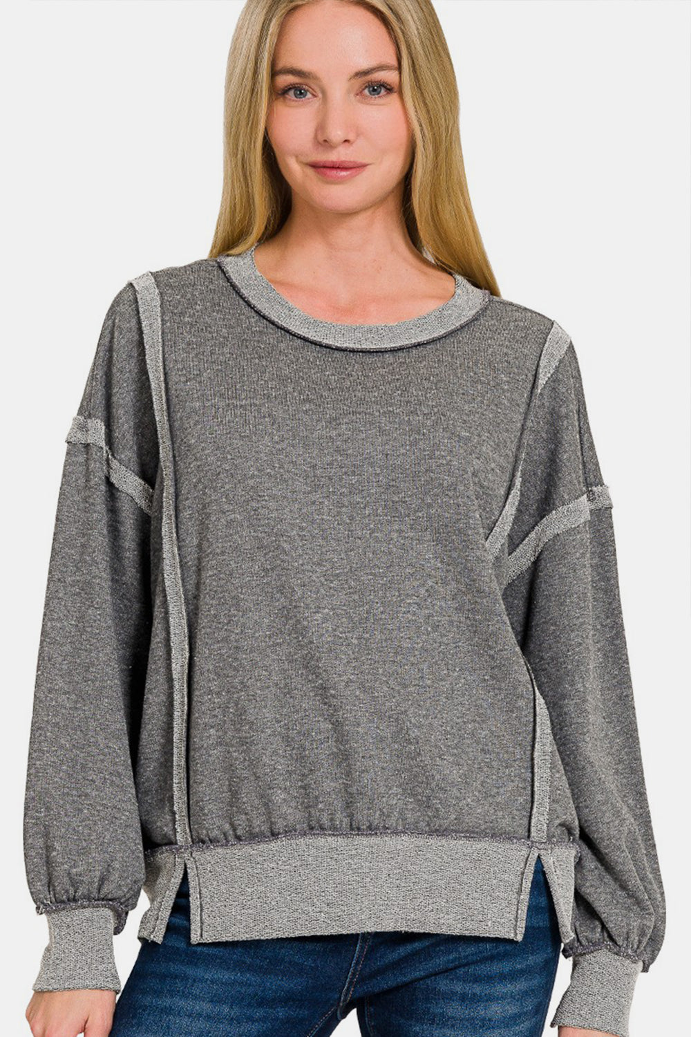 Zenana Washed Exposed-Seam Sweatshirt  Trendsi Grey S 