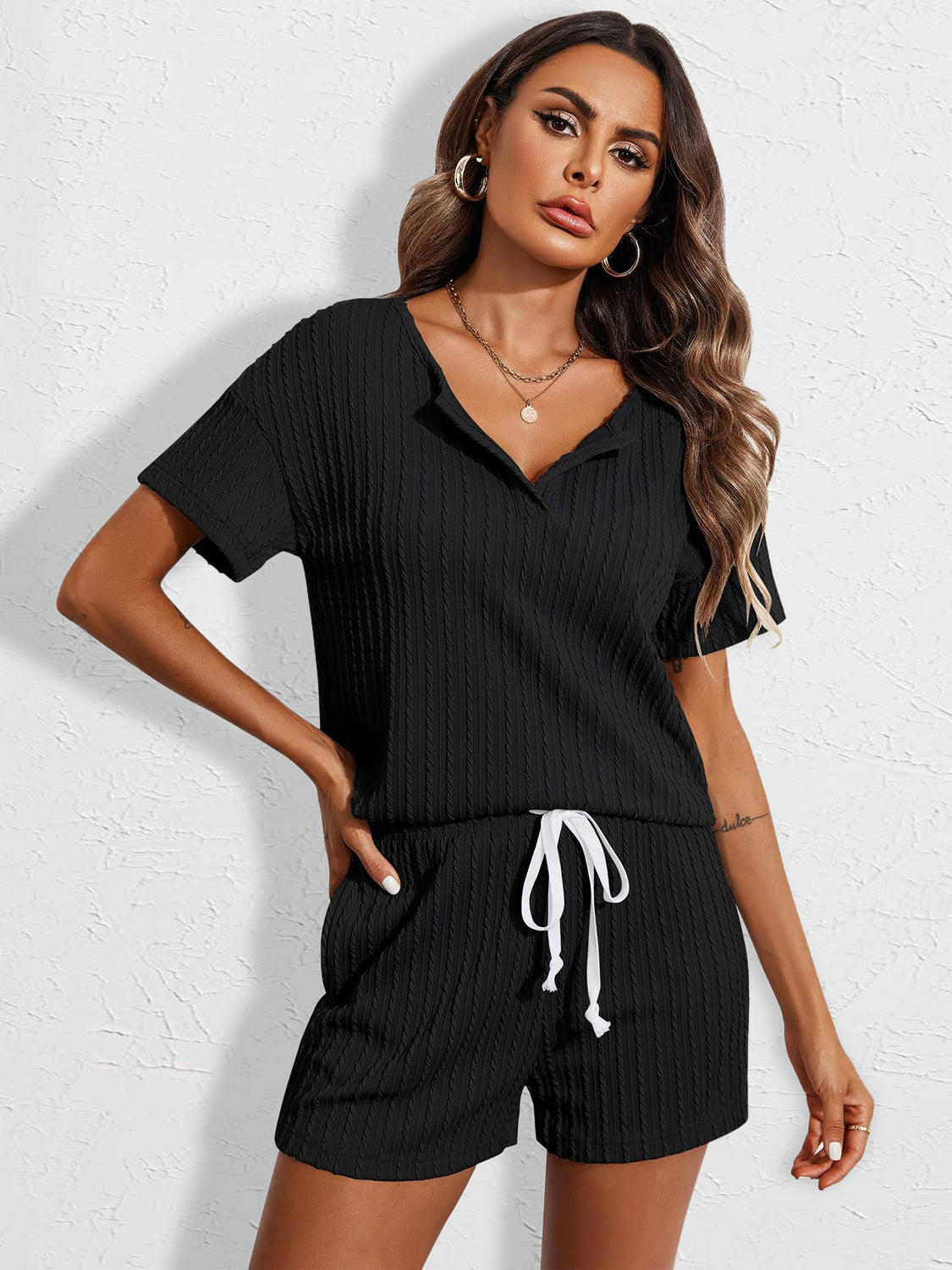 Notched Short Sleeve Top and Shorts Set Top And Short Set Trendsi Black S 