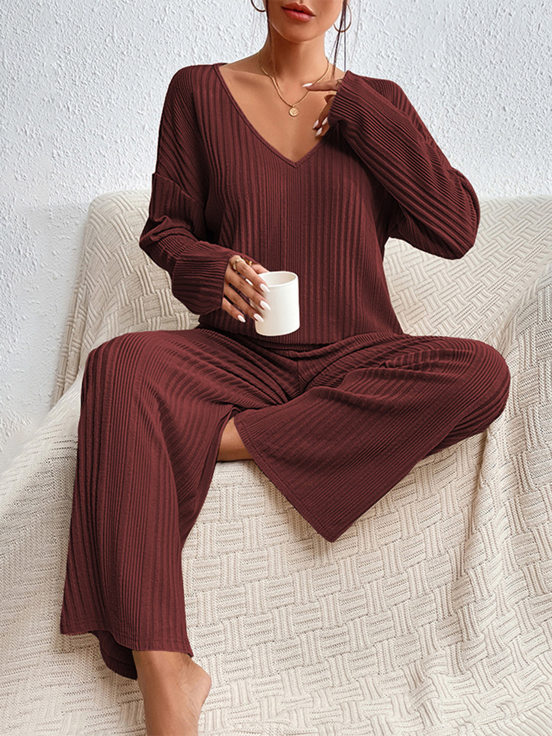 V-Neck Long Sleeve Top and Pants Set  Trendsi   