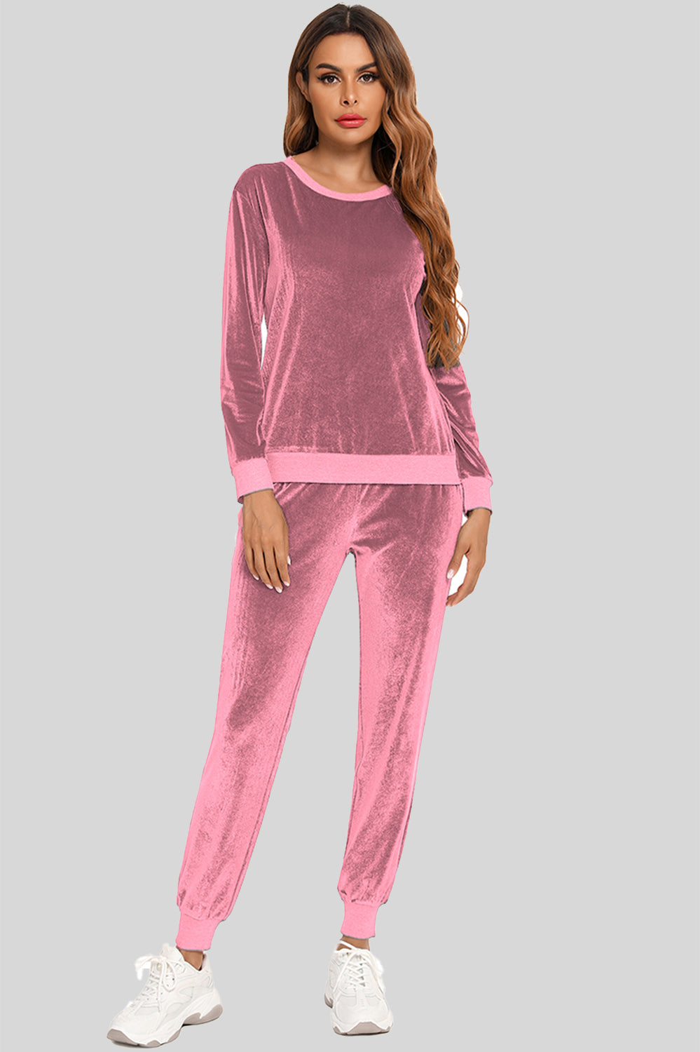 Round Neck Long Sleeve Loungewear Set with Pockets  Trendsi Dusty Pink S 