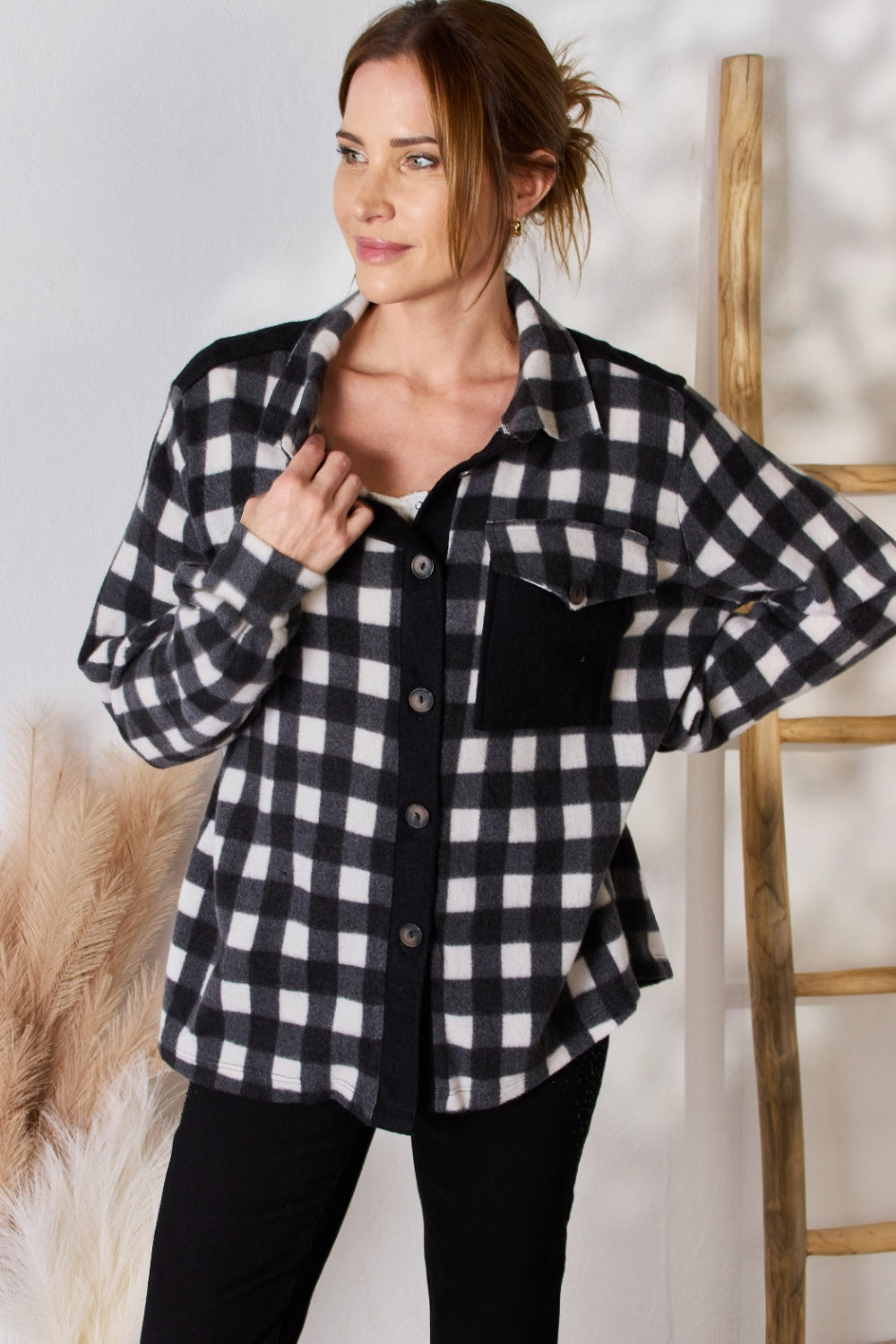 Hailey & Co Full Size Plaid Button Up Jacket  Trendsi Black S 