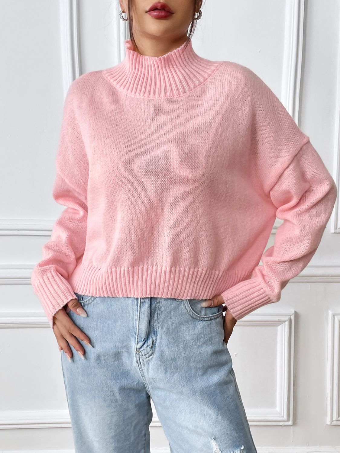 Turtleneck Long Sleeve Sweater  Trendsi Blush Pink S 