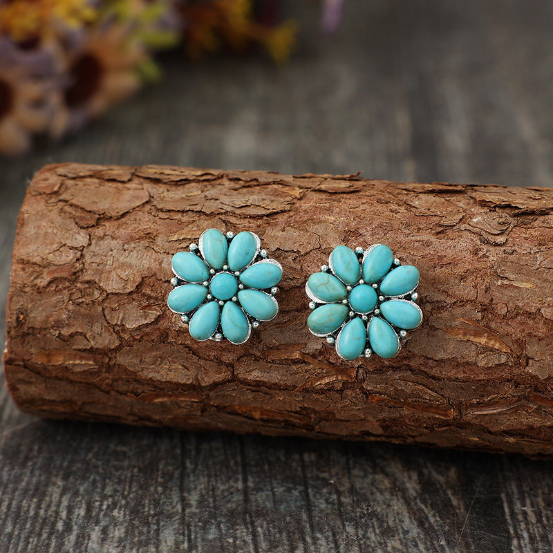 Alloy Turquoise Flower Stud Earrings  Trendsi Turquoise One Size 