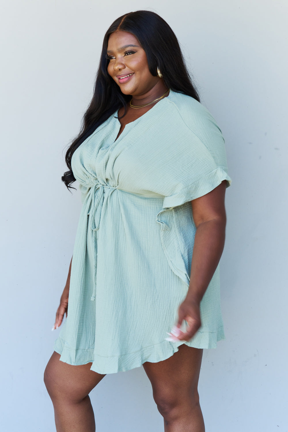 Ninexis Out Of Time Full Size Ruffle Hem Dress with Drawstring Waistband in Light Sage Sale Trendsi   