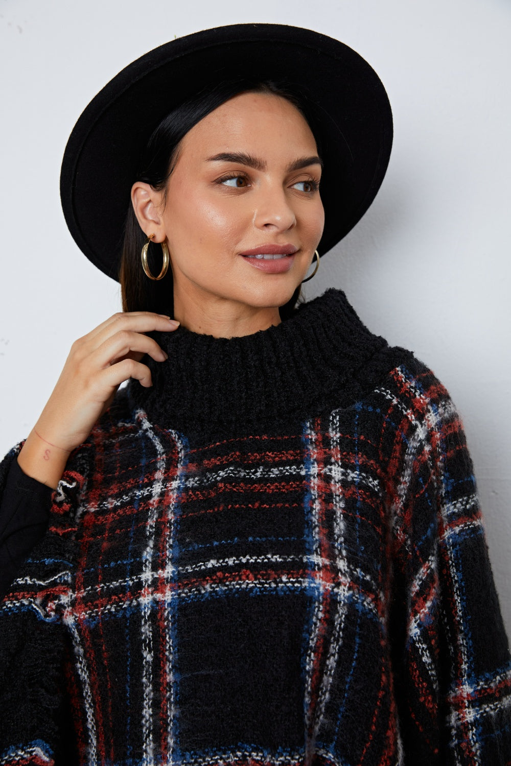 Shiny Turtleneck Plaid Raw Hem Sweater  Trendsi   