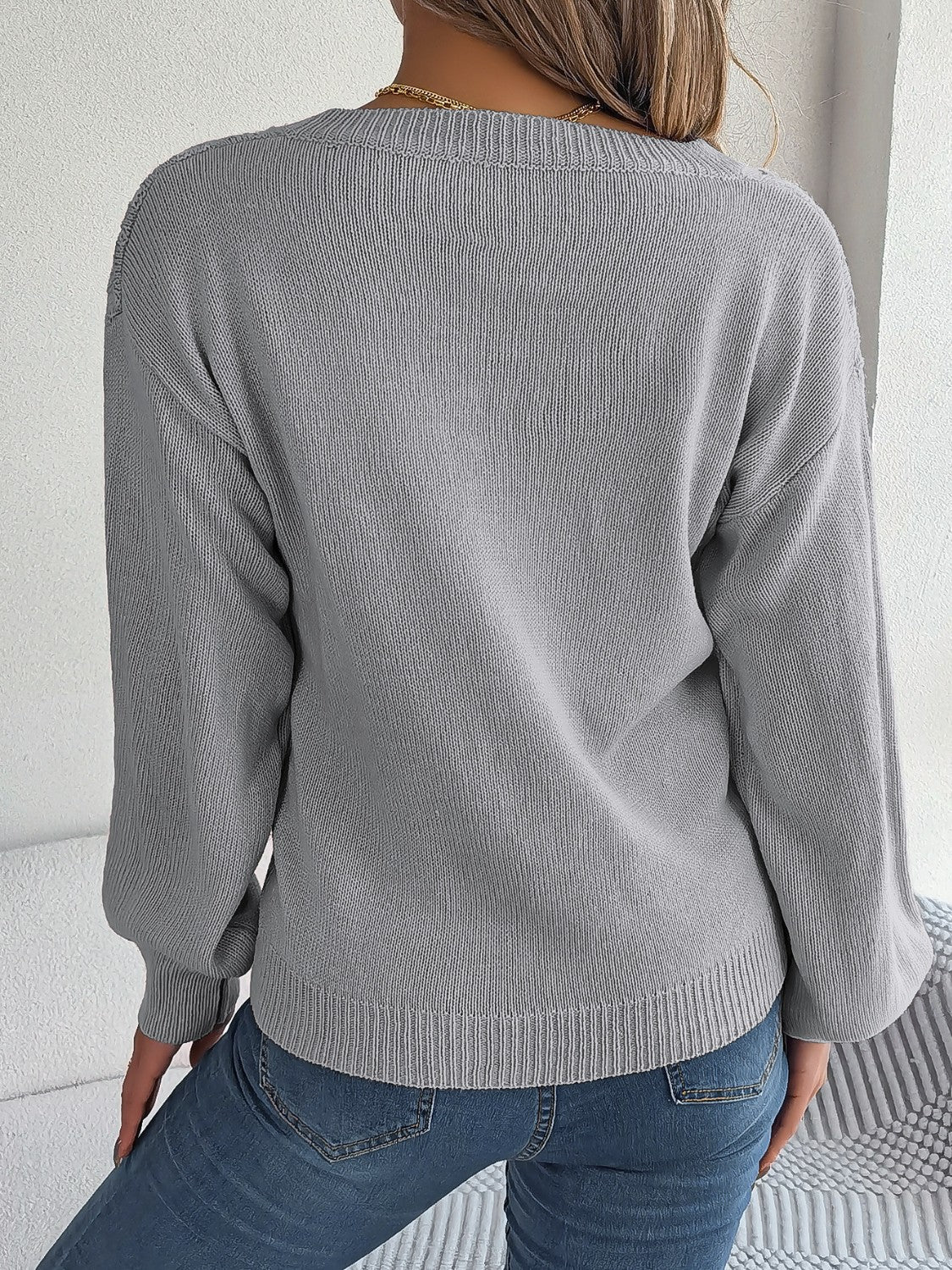 Cable-Knit V-Neck Lantern Sleeve Sweater  Trendsi   