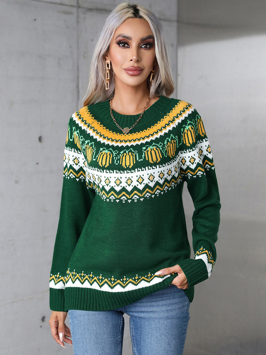 Angel Wings Geometric Round Neck Long Sleeve Sweater  Trendsi   