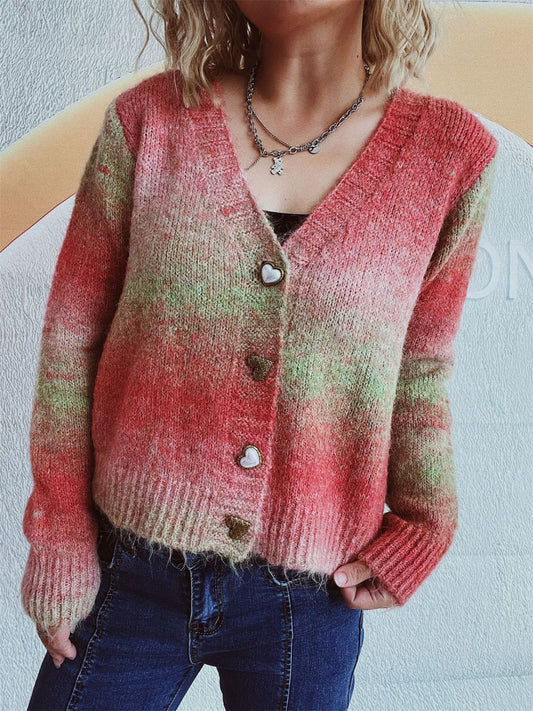 Gradient Heart Shape Button V-Neck Cardigan  Trendsi Orange-Red One Size 