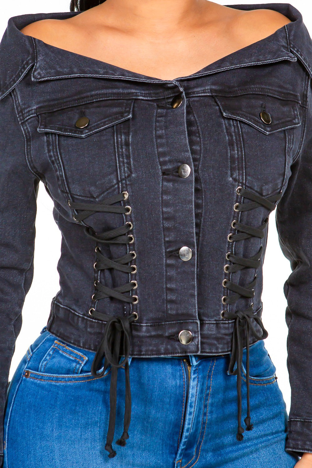 American Bazi Off Shoulder Lace Up Denim Jacket  Trendsi   