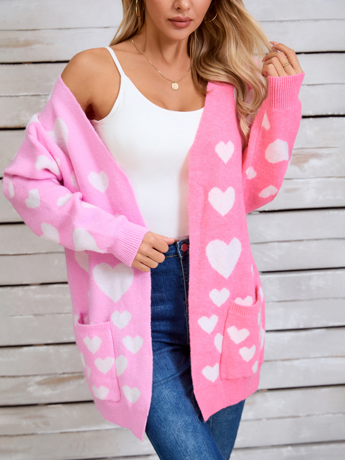 Angel Wings Heart Open Front Long Sleeve Cardigan  Trendsi Pink S 