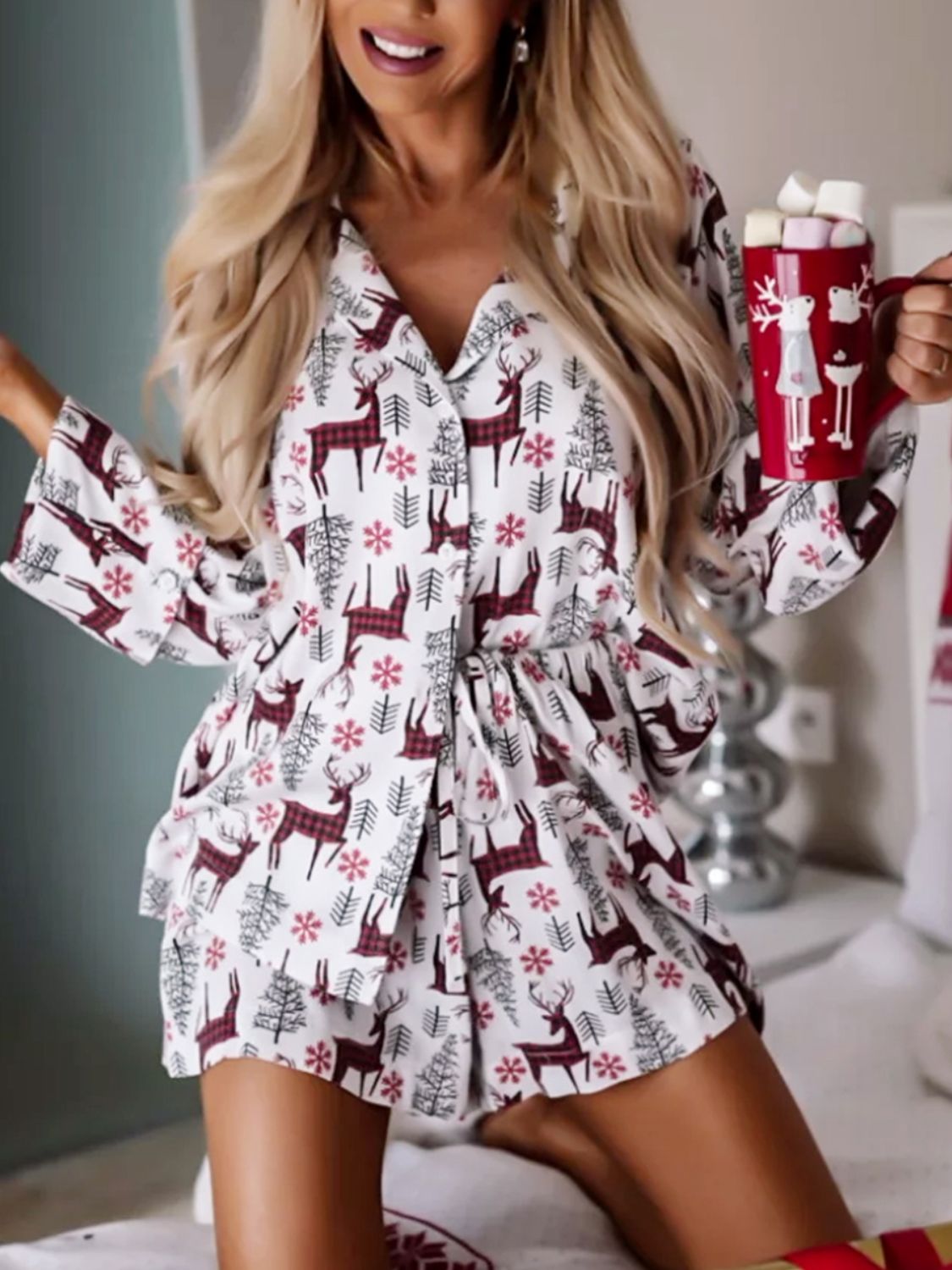 Printed Collared Neck Long Sleeve Top and Shorts Lounge Set  Trendsi White S 