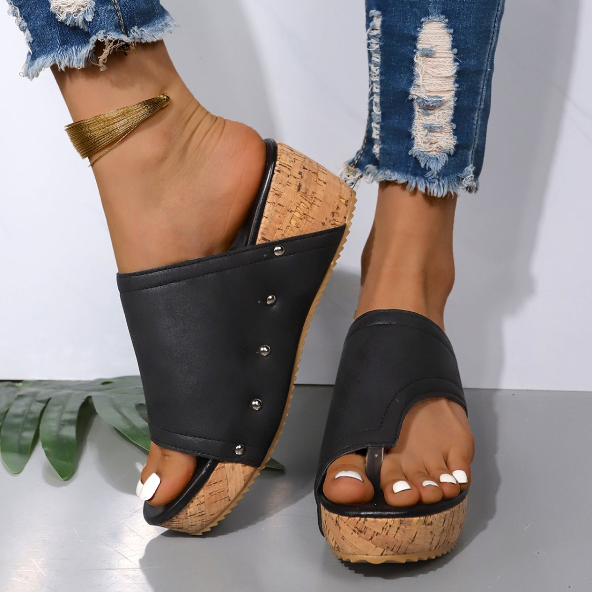 PU Leather Wedge Sandals  Trendsi Black 36(US5) 