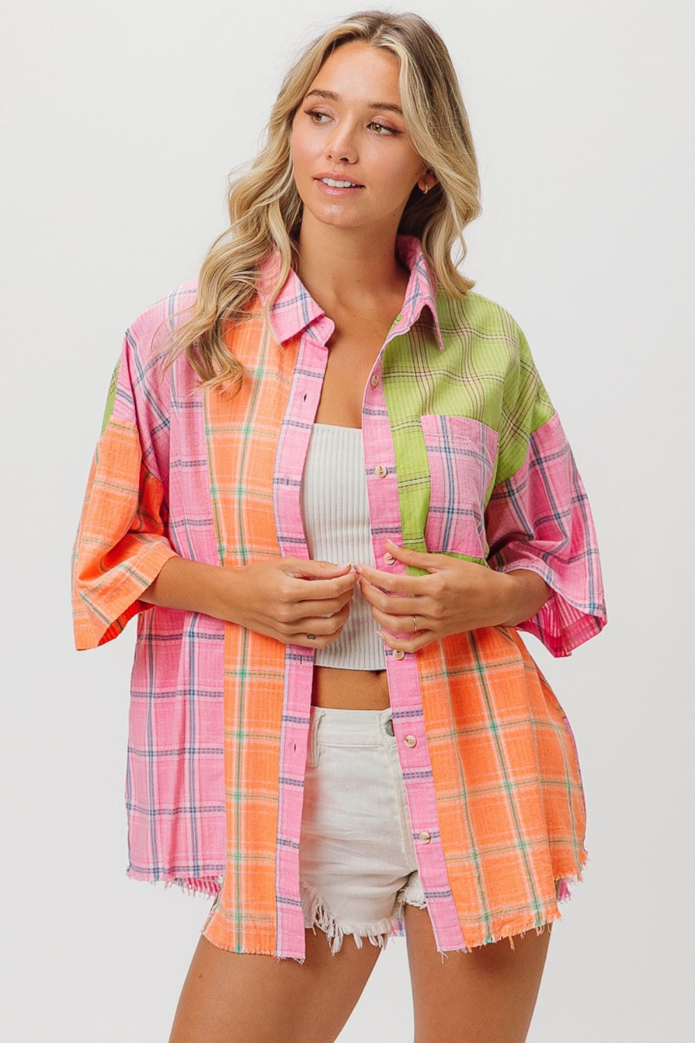 BiBi Plaid Collared Neck Half Sleeve Shirt  Trendsi   