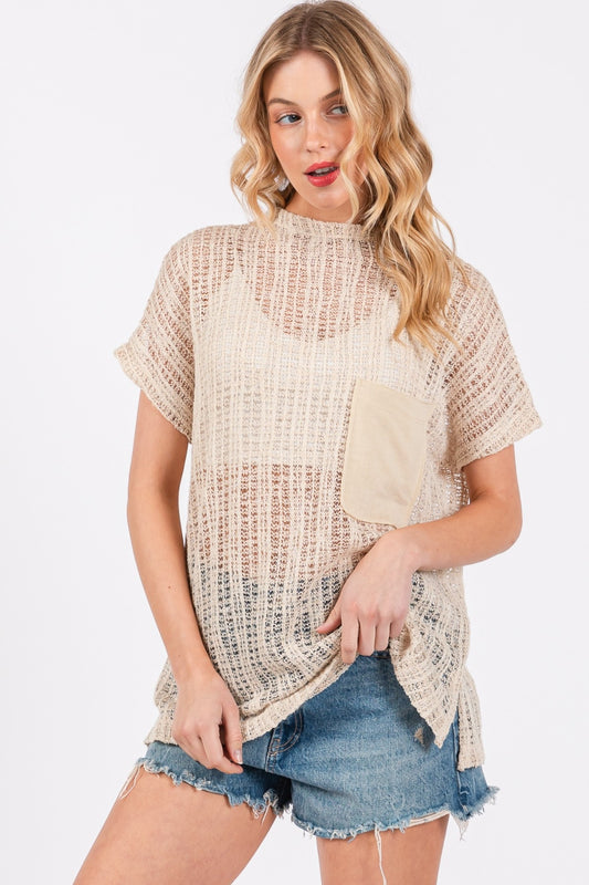 Ces Femme See Through Crochet Mock Neck Cover Up  Trendsi Oatmeal S 