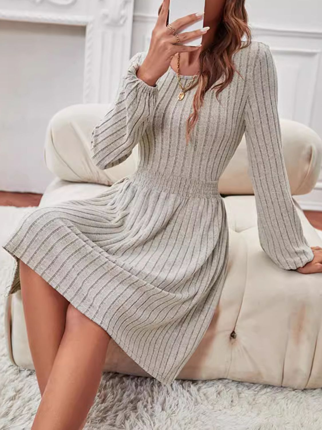 Smocked Round Neck Long Sleeve Knee Length Dress  Trendsi   