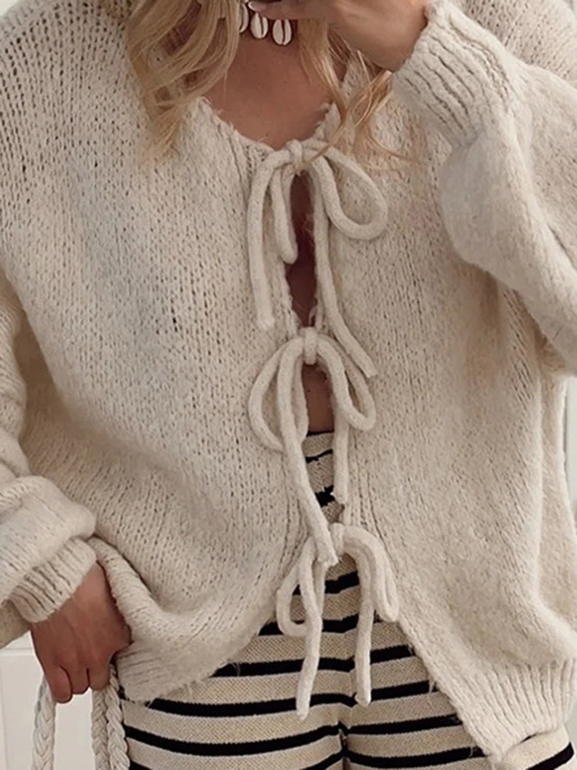 Tied Long Sleeve Dropped Shoulder Cardigan  Trendsi   