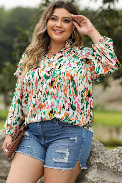 Plus Size Printed Ruffle Trim Long Sleeve Blouse Blouse Trendsi   