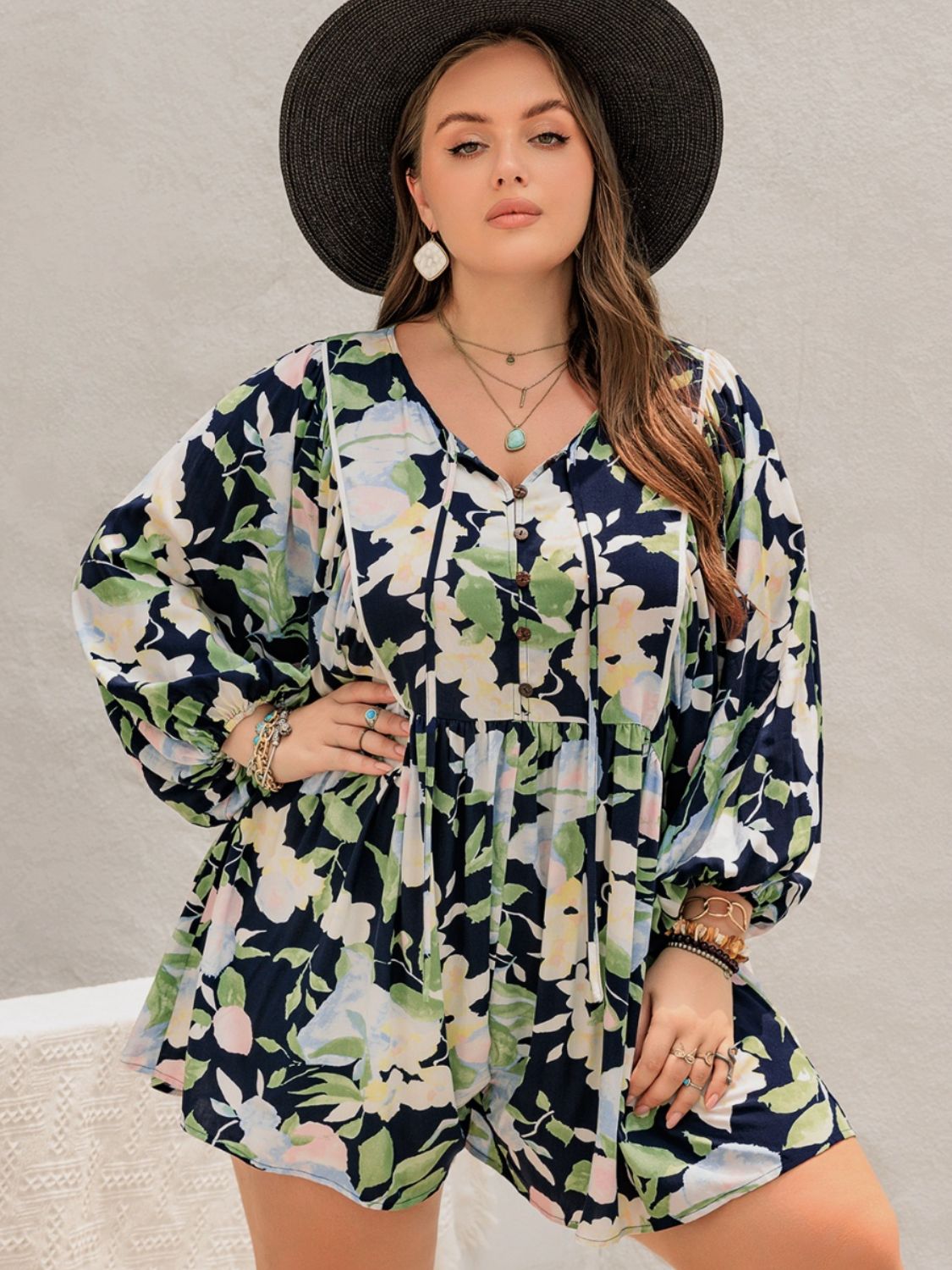 Plus Size Tied Printed Long Sleeve Romper  Trendsi   