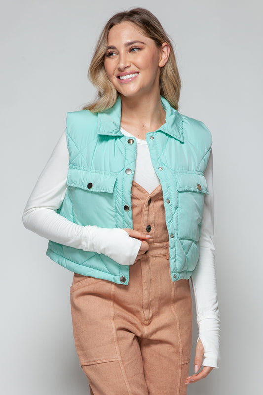 Snobbish Snap Down Quilted Crop Vest  Trendsi Green S 