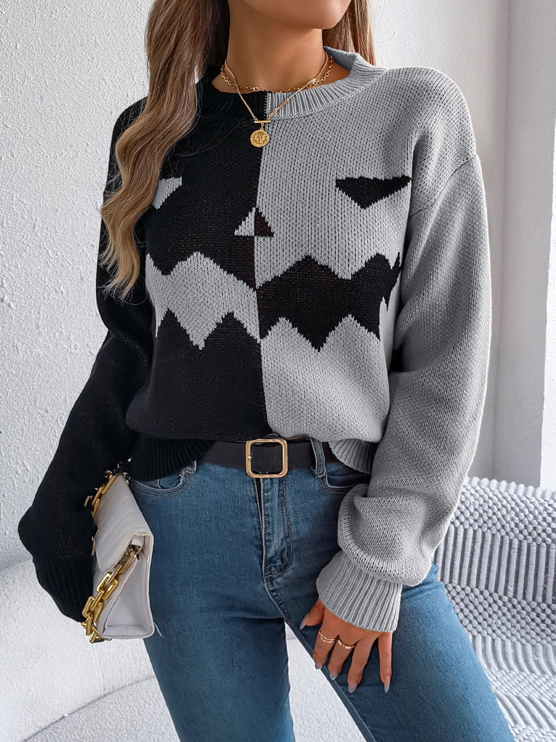 Contrast Round Neck Long Sleeve Sweater  Trendsi   