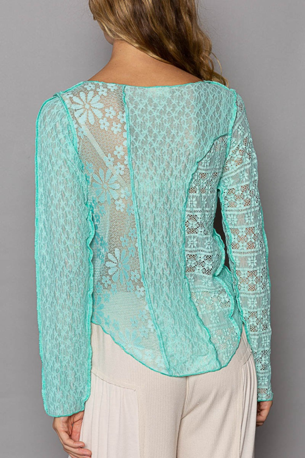 POL Exposed Seam Long Sleeve Lace Knit Top  Trendsi   