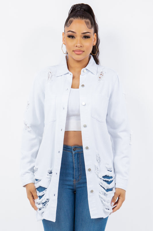 American Bazi Distressed Button Up Long Sleeve Denim Jacket  Trendsi White S 