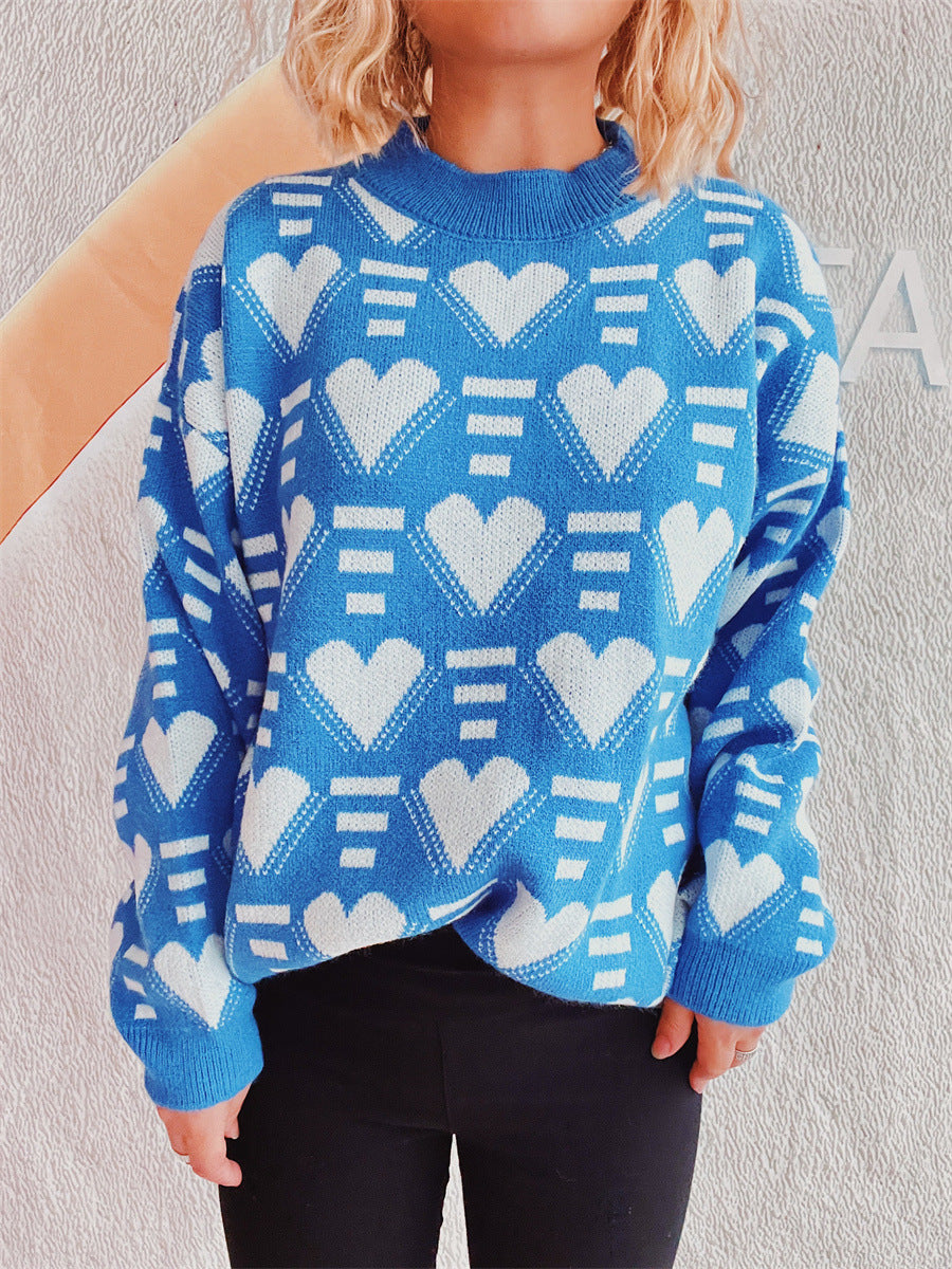 Heart Contrast Long Sleeve Dropped Shoulder Sweater  Trendsi   