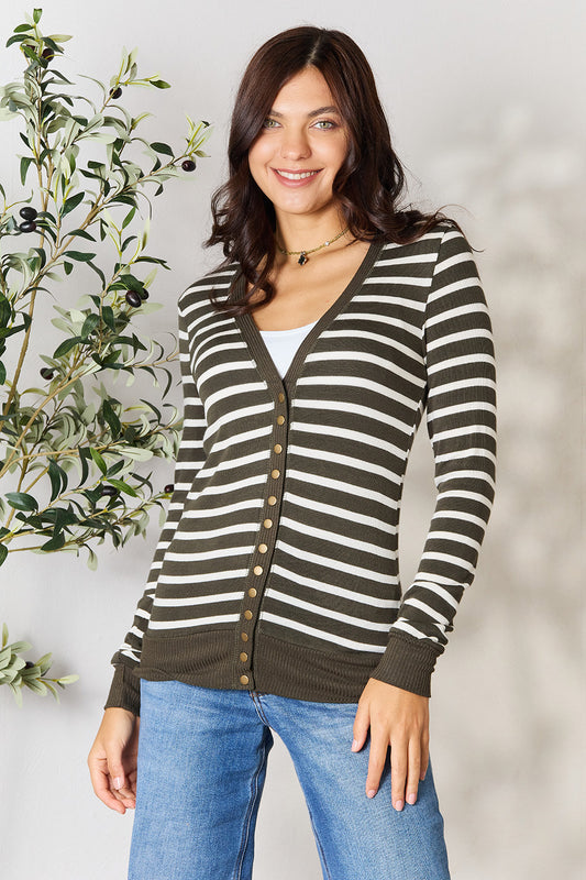 Zenana Full Size Striped Snap Down Cardigan Sale Trendsi Dark Olive/Ivory S 