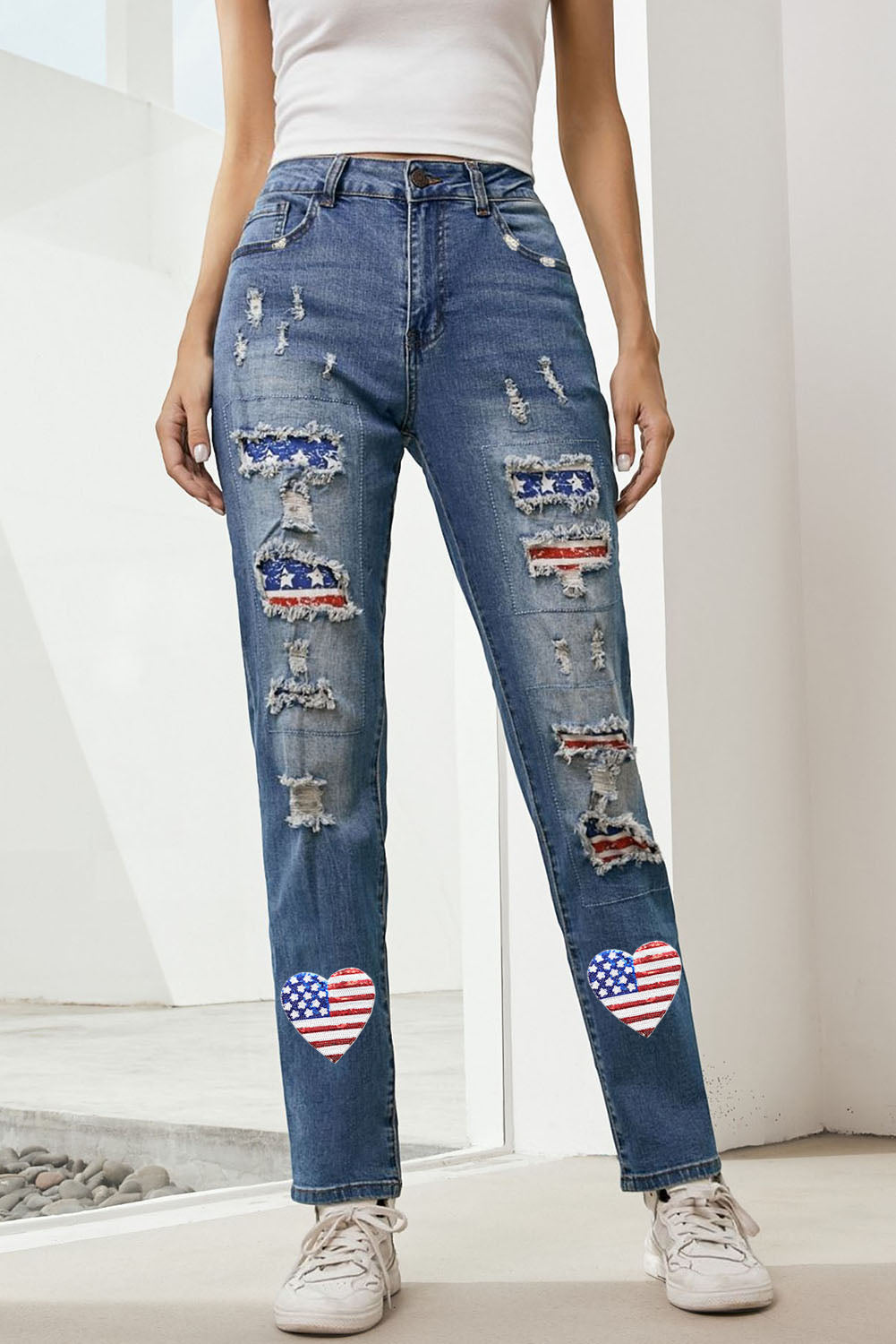 US Flag Distressed Straight Jeans  Trendsi Medium 4 