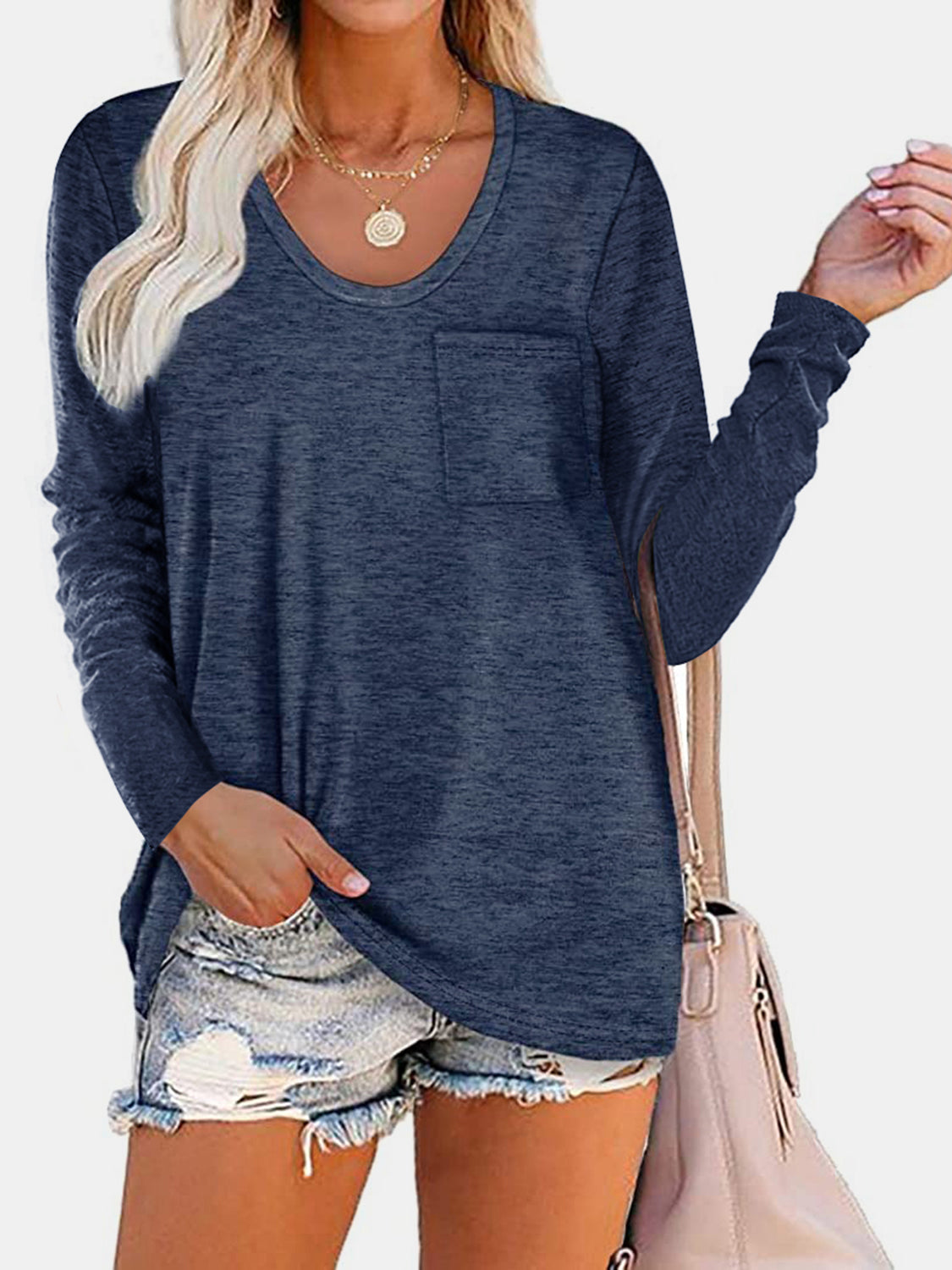 Round Neck Long Sleeve T-Shirt T-Shirt Trendsi Dark Blue S 