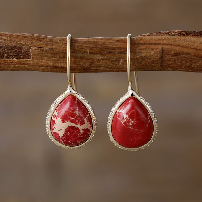 Copper Natural Stone Teardrop Shape Earrings  Trendsi Deep Red One Size 