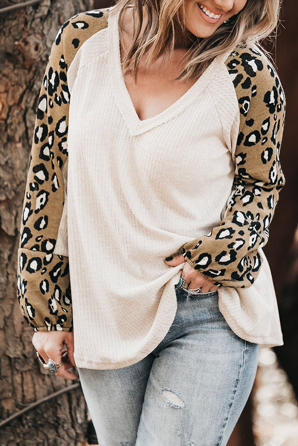 Plus Size Leopard V-Neck Raglan Sleeve Blouse Blouse Trendsi White 1XL 